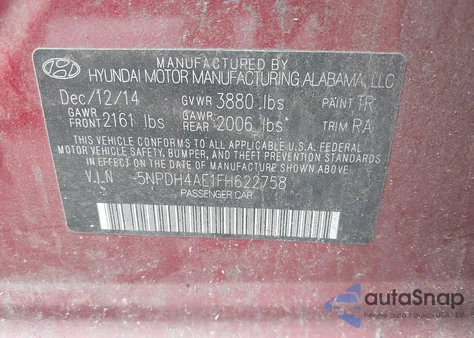 2015 Hyundai Elantra Se from USA, damaged, VIN 5NPDH4AE1FH622758